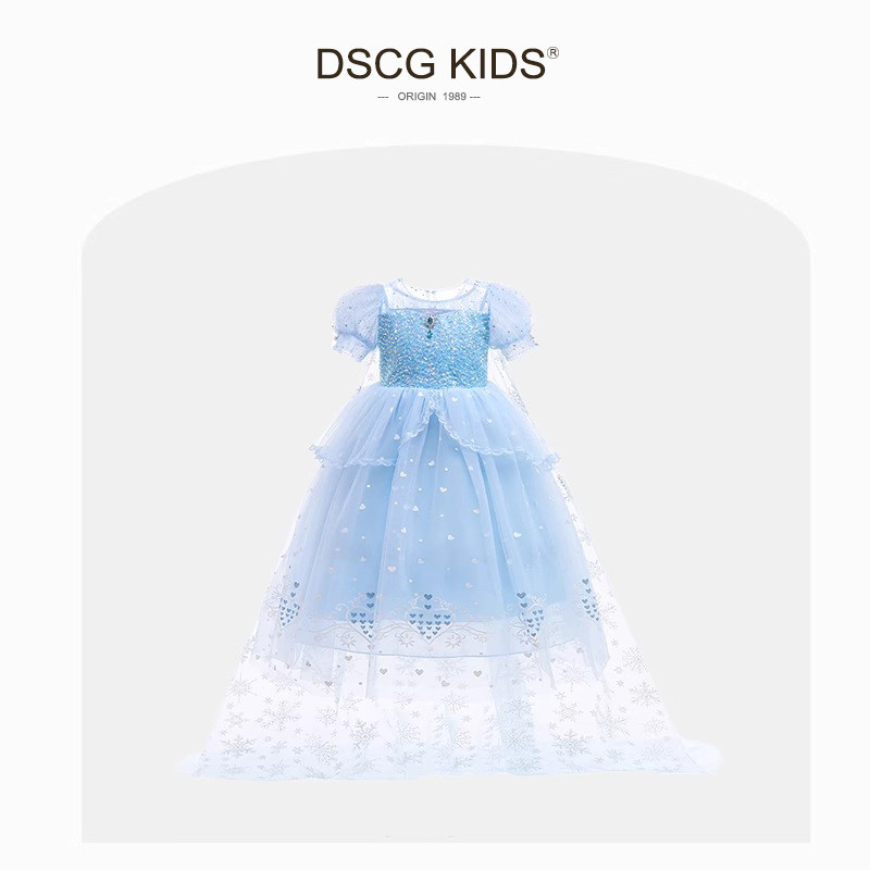 品牌艾莎公主裙夏季冰雪爱沙裙子迪士尼儿童爱莎生日礼服连衣裙