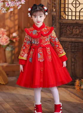 童装女童唐装连衣裙秋冬加绒红色小女孩拜年服儿童喜庆过年衣服