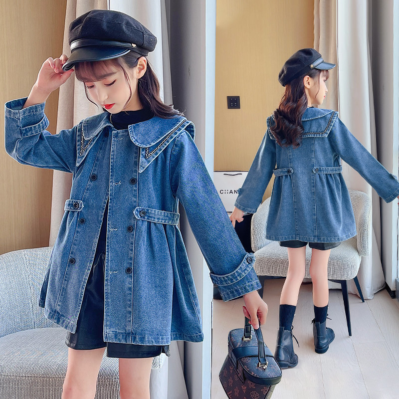 2026新款韩版女童牛仔外套春秋娃娃领中长款洋气时髦风衣上衣春装