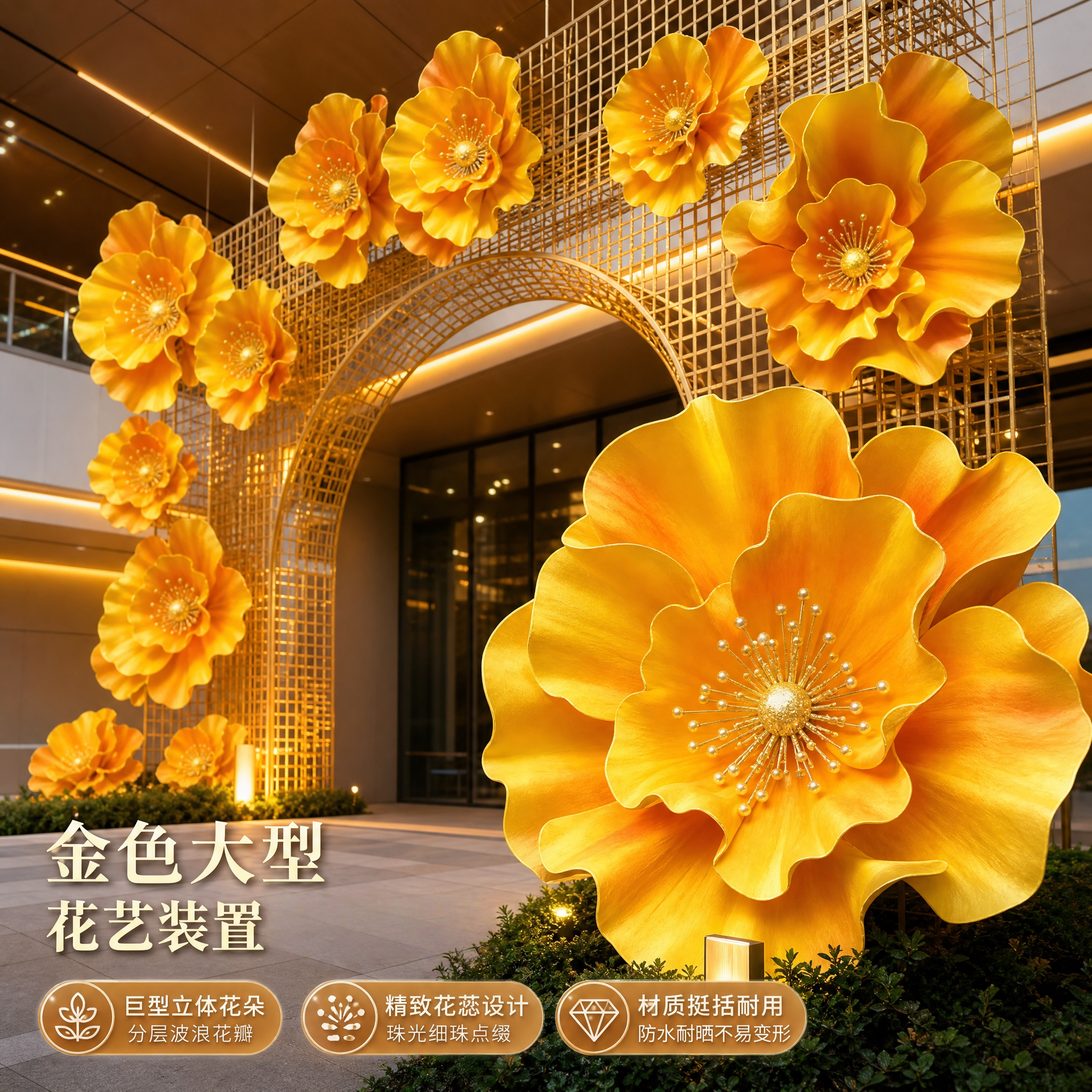 秋季黄色系大型仿真花艺装置商业街立体花朵造型场景布置拍照装饰