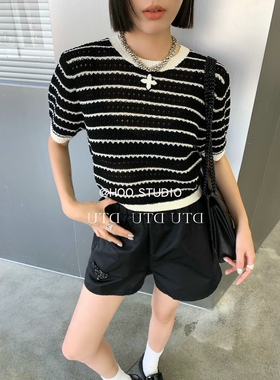 现货SMFK2023春夏新款撞色条纹短款针织衫辣妹上衣短袖T恤女现货