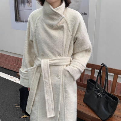 冬天[赫本纪元]6180复古立领秘鲁羊驼毛大衣加长款系带感厚外套女