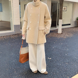 冬天6189 羊驼圈圈韩国东大门OUNCE翻领双排扣甜美苏力羊毛大衣