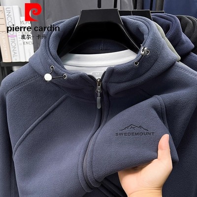 皮尔卡丹秋冬男奥粒绒卫衣连帽开衫拉链加绒休闲外套加厚保暖夹克