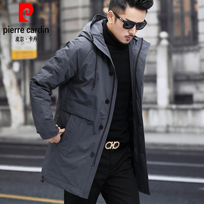 皮尔卡丹男装中长款轻薄羽绒服连帽中年男冬装简约防风衣大气外套