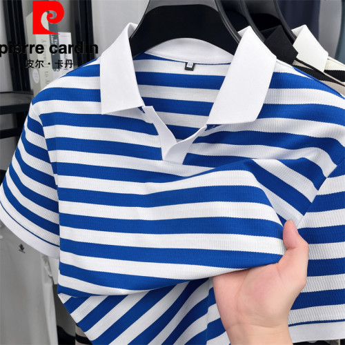 皮尔卡丹短袖t恤男翻领海魂衫蓝白条纹上衣中年时尚休闲棉POLO衫