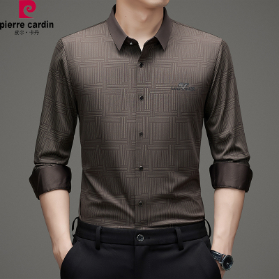 皮尔卡丹桑蚕丝无痕长袖衬衫男士免烫抗皱印花爸爸装薄款真丝衬衣