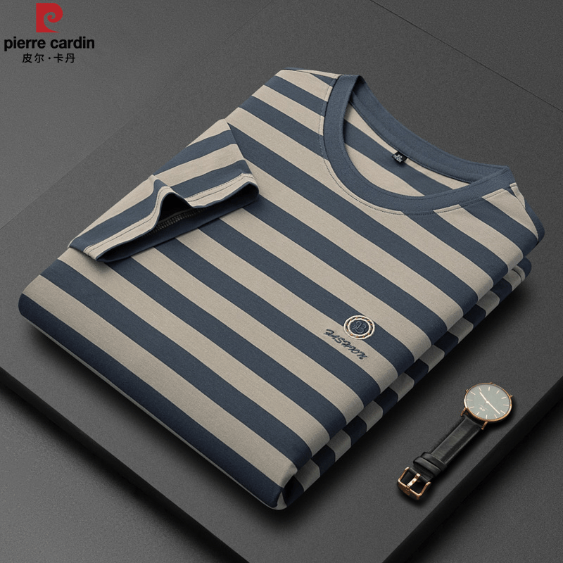 皮尔卡丹男士桑蚕丝条纹短袖T恤2025夏季休闲百搭圆领体恤上衣男