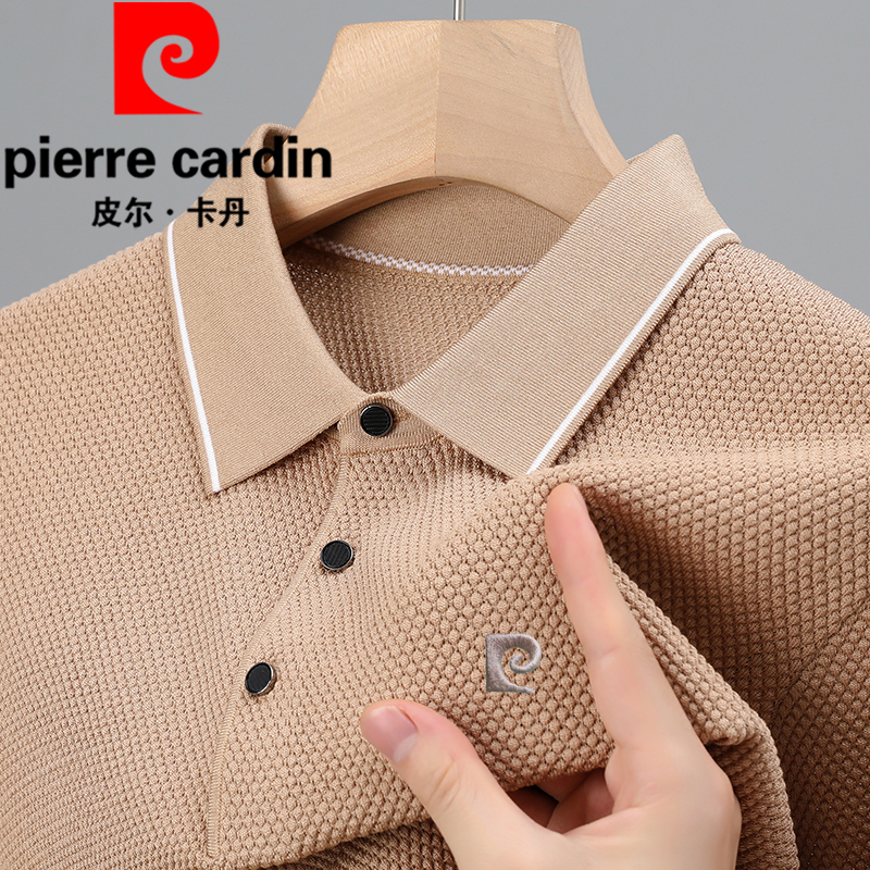 皮尔卡丹春秋薄款长袖中年针织衫T恤商务男100%桑蚕丝翻领polo衫