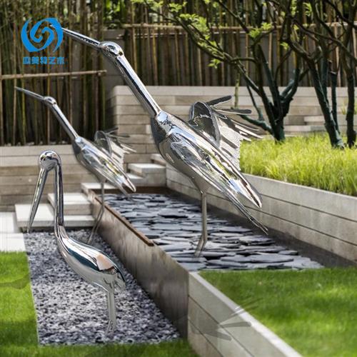 抽象不锈钢仙鹤雕塑摆件园林景观酒店花园地产售楼处镜面动物小品