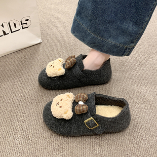 保暖豆豆鞋 加绒勃肯鞋 一脚蹬可爱卡通小熊毛毛棉鞋 新款 女2025冬季