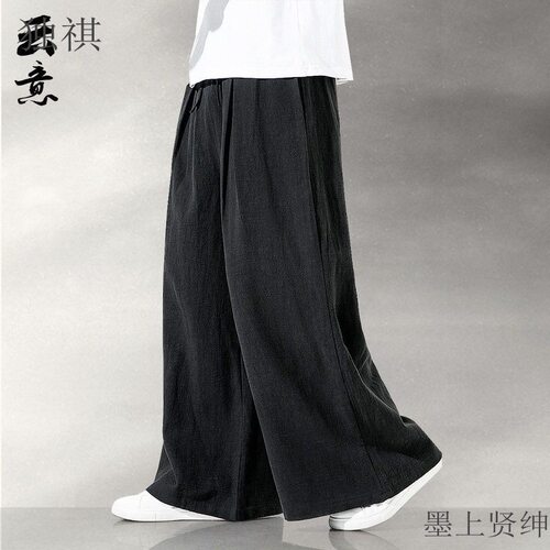新款中国风亚麻裤男宽松喇叭裤休闲大码胖子阔腿裙裤坠感棉麻禅修