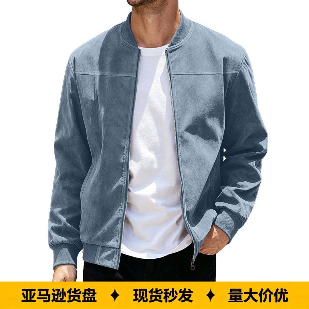新款欧美跨境热卖男士麂皮绒夹克秋冬时尚休闲拉链开衫长袖棒球服