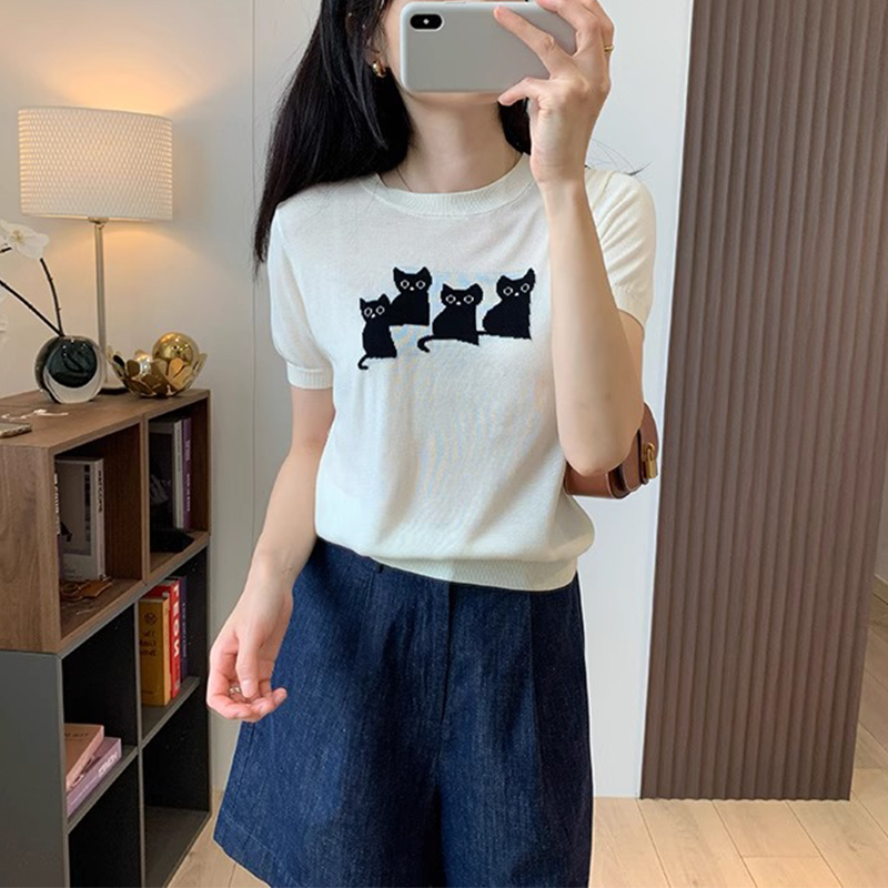 趣味减龄 莱赛尔桑蚕丝圆领猫咪提花透气薄款休闲短袖针织衫T恤女