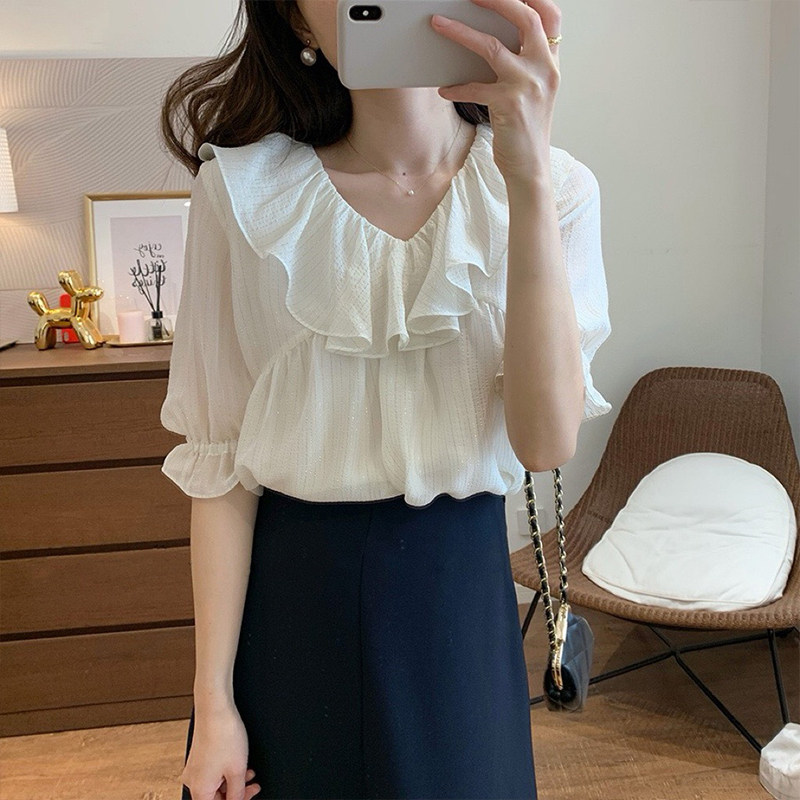 柜5000+！法式荷叶边圆领真丝金银丝喇叭短袖小衫女上衣夏季薄款