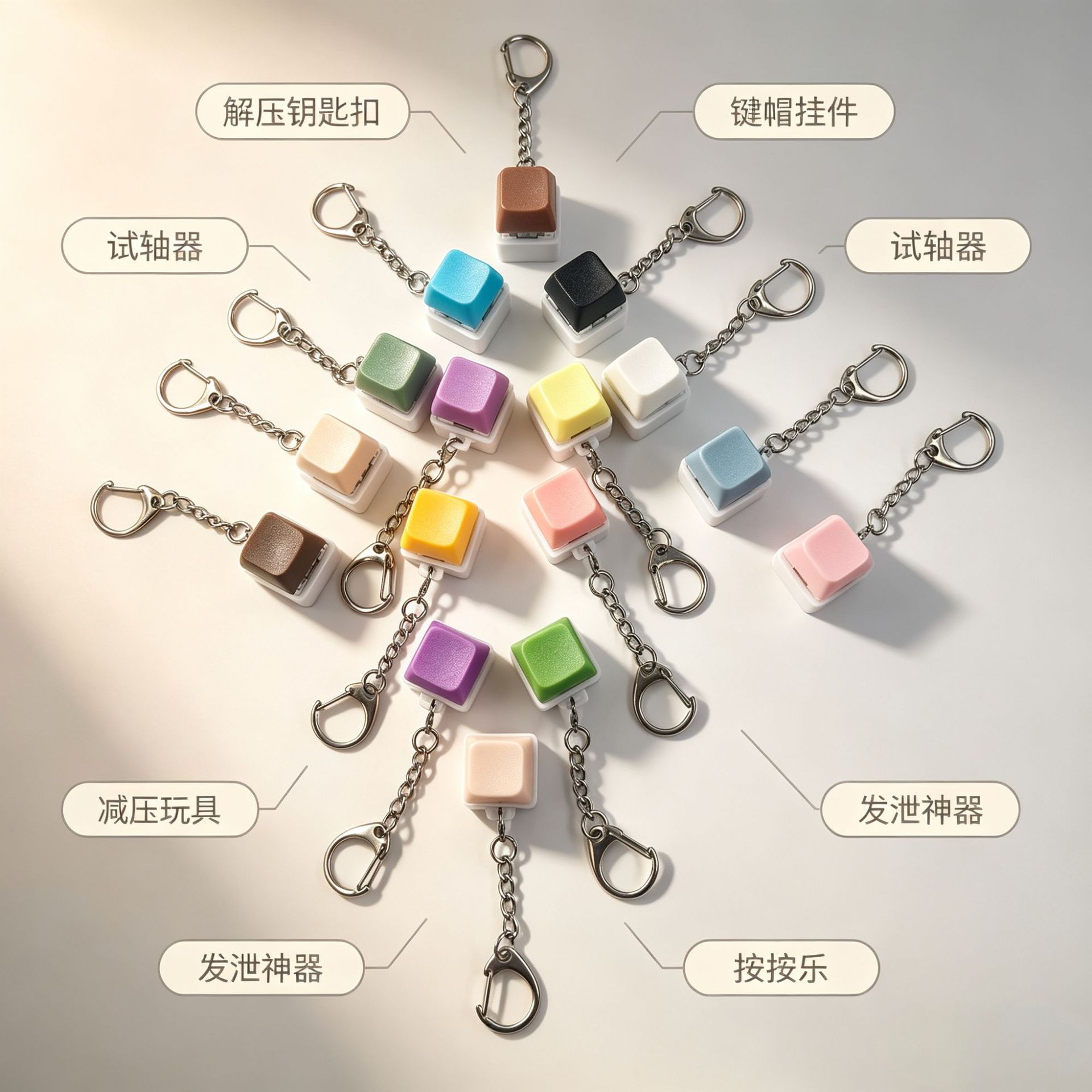 解压按键白壳彩色发光单键机械键盘试轴器发泄玩具爆款钥匙扣定制