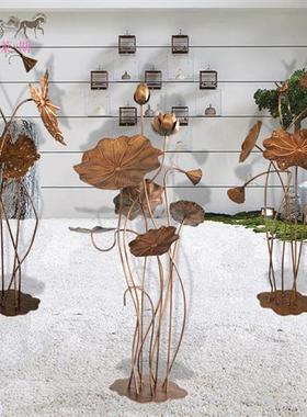 不锈钢荷花金属雕塑摆设庭院水景落地摆件酒店水池铁艺荷叶装饰品
