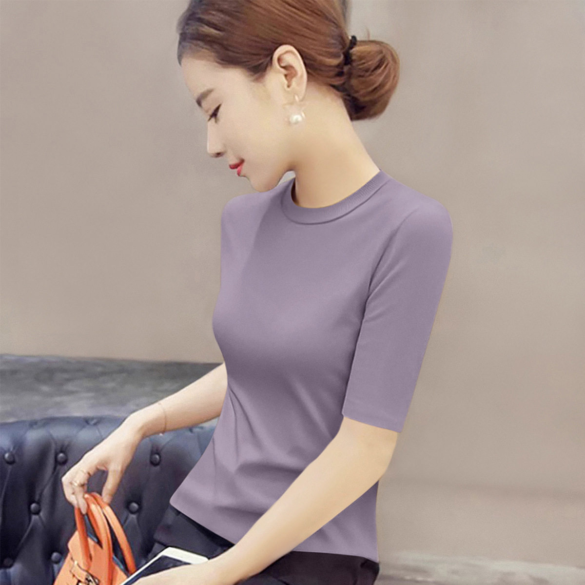 紫色舒适百搭莱赛尔天丝圆领秋季女装中袖宽松显瘦针织衫打底上衣