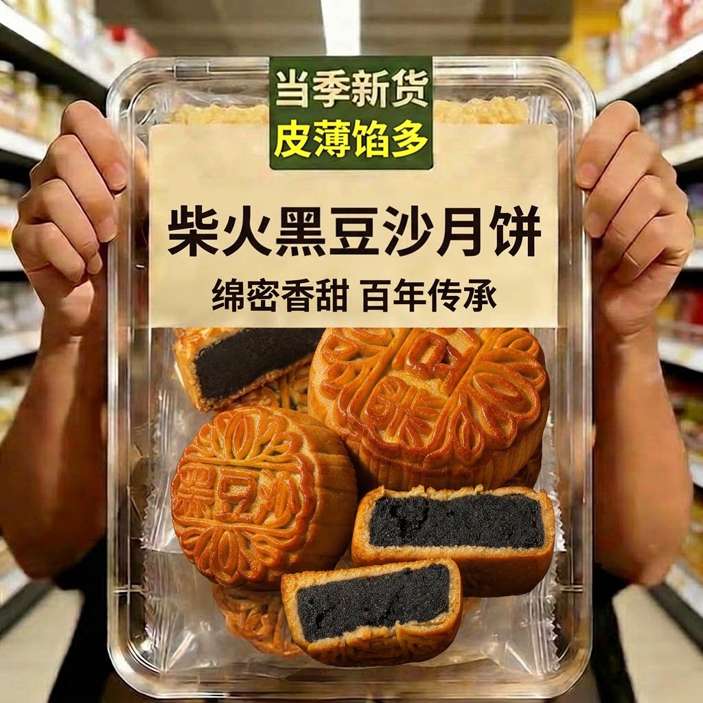 正宗柴火黑豆沙月饼正宗中秋节广式月饼老式传统官方旗舰店