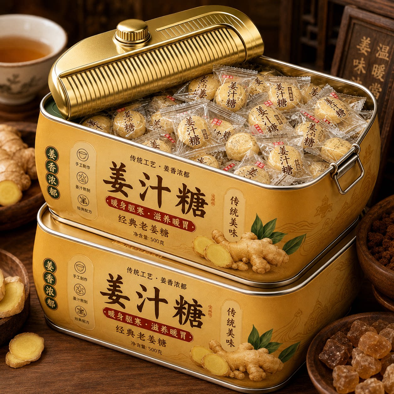 姜糖姜汁糖纯手工老姜糖山东特产芝麻红糖姜糖生姜糖硬质糖果零食