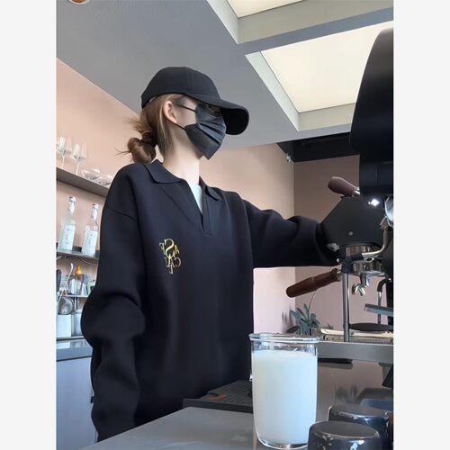 学院风翻领假两件毛衣女