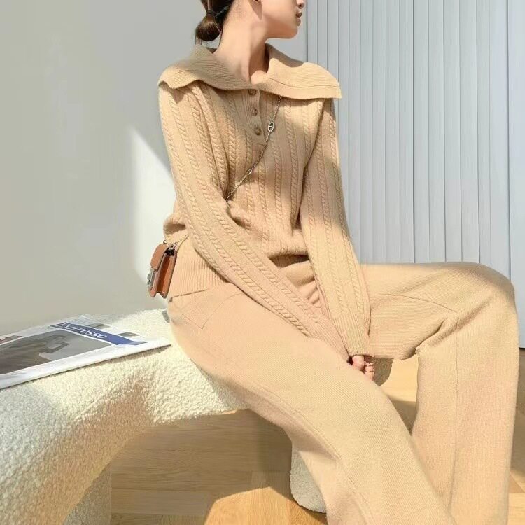 麻花翻领针织套装女秋冬新款休闲宽松毛衣高腰直筒阔腿裤两件套潮