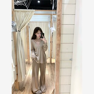 新款 上衣蕾丝背心高腰休闲裤 套装 宽松针织衫 子三件套 女长袖 秋冬季