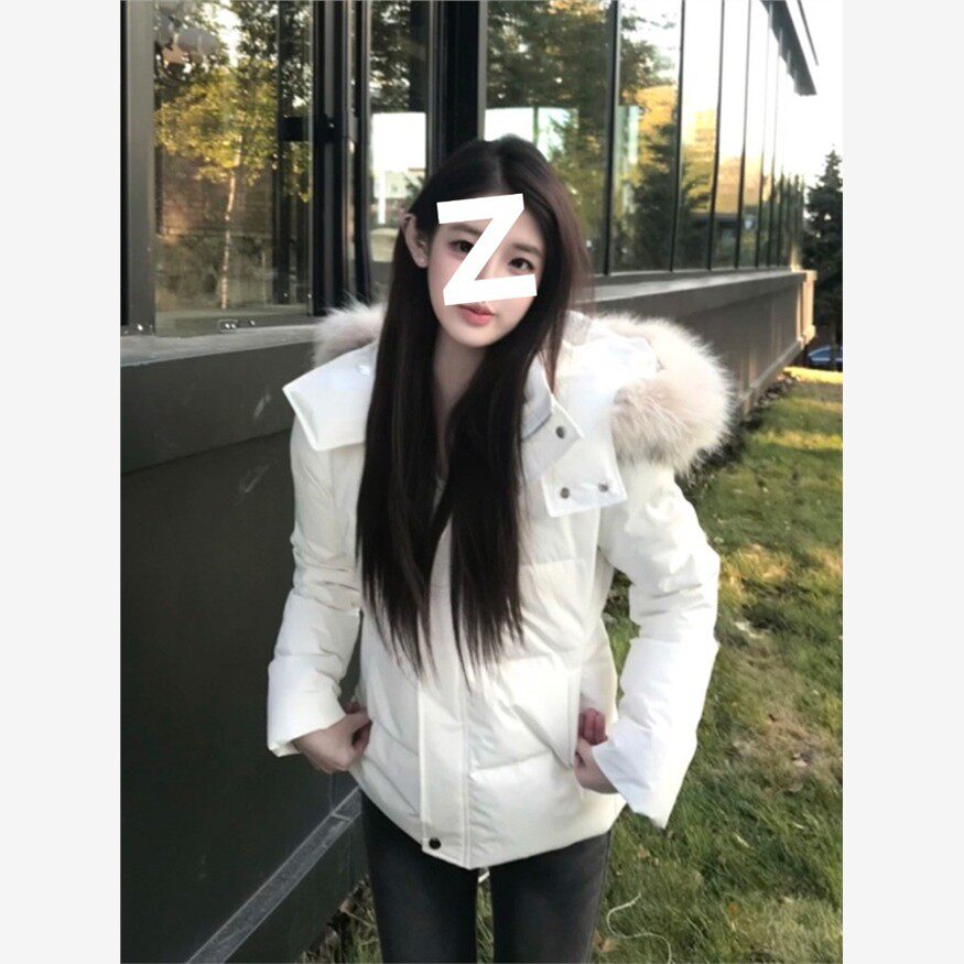 韩系白色羽绒棉服女2025秋冬新款短款修身外套收腰可拆卸毛领棉袄