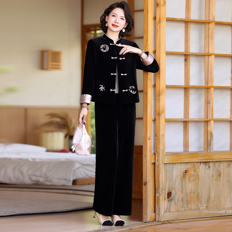 妈妈秋装新中式国风金丝绒套装中老年女装秋季新款外套唐装两件套