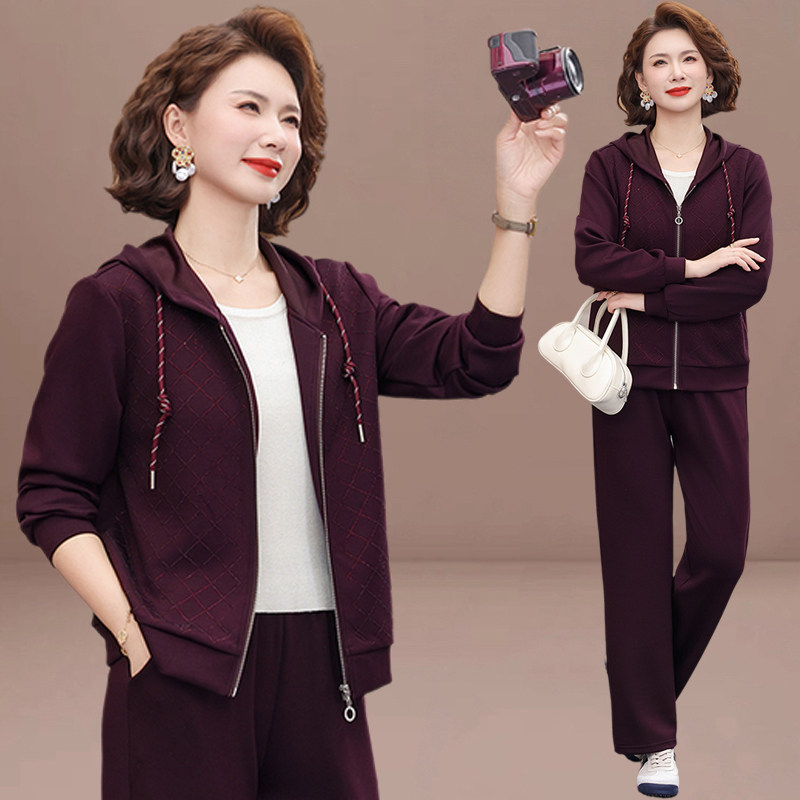 中老年女装妈妈春装休闲运动服套装洋气连帽外套50岁60春秋两件套