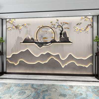 新中式意境山水壁布客厅沙发背景墙布迎客松茶室酒店前台装饰壁画