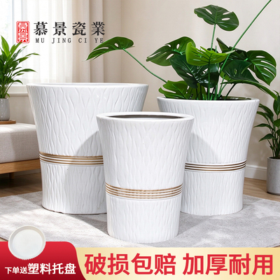 陶瓷花盆带托盘白色圆形加厚耐用透气装饰花器金钱树专用破损包赔