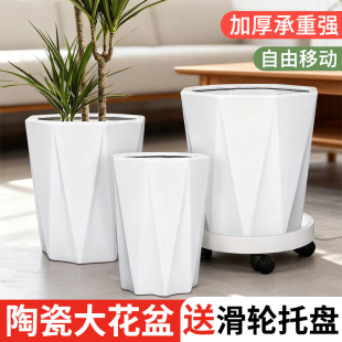 陶瓷大花盆带滑轮托盘高筒简约落地客厅阳台发财树天堂鸟落地绿植