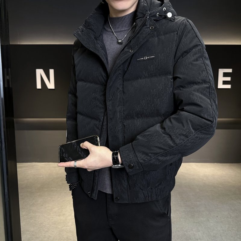 冬季小码潮牌字母连帽羽绒服男155矮个子S号XS码修身PU皮加厚外套