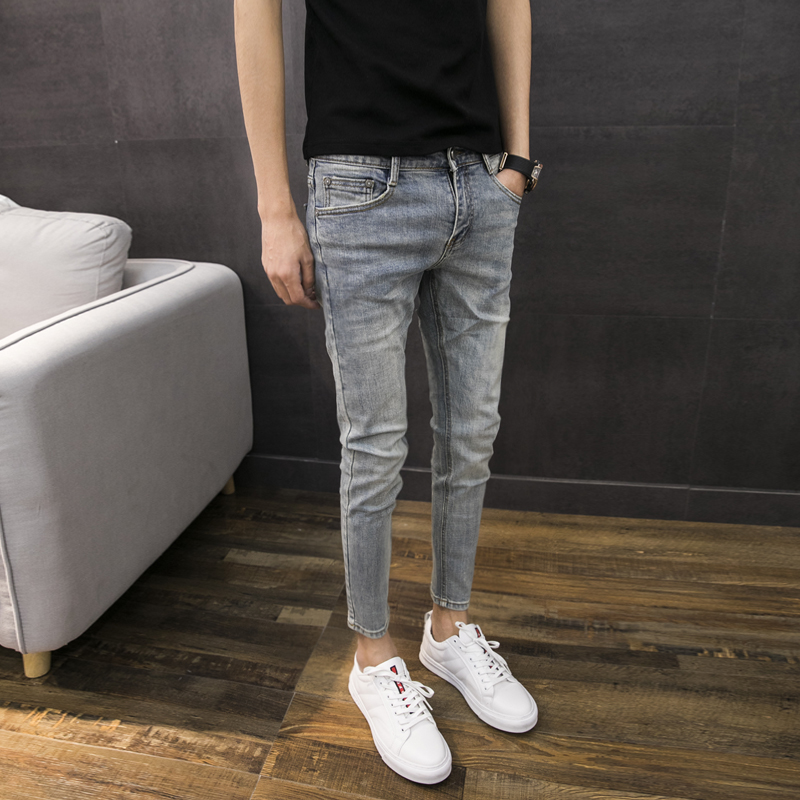 160帅t26号27小码浅色九分裤男生青年韩版修身9分小脚紧身牛仔裤S