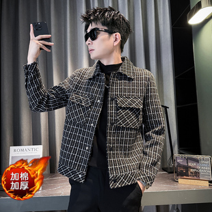 小码男装毛呢大衣短款夹克155矮个子S号XS修身翻领格子呢风衣外套