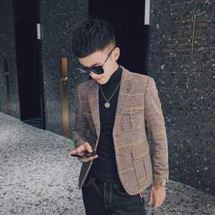 男S码 矮个子毛呢料格子西装 XS小版 160短款 西服外套潮 小码 修身 男装