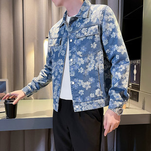 秋装帅T小码牛仔个性提花上衣男潮牌矮个子S号XS修身短款夹克外套