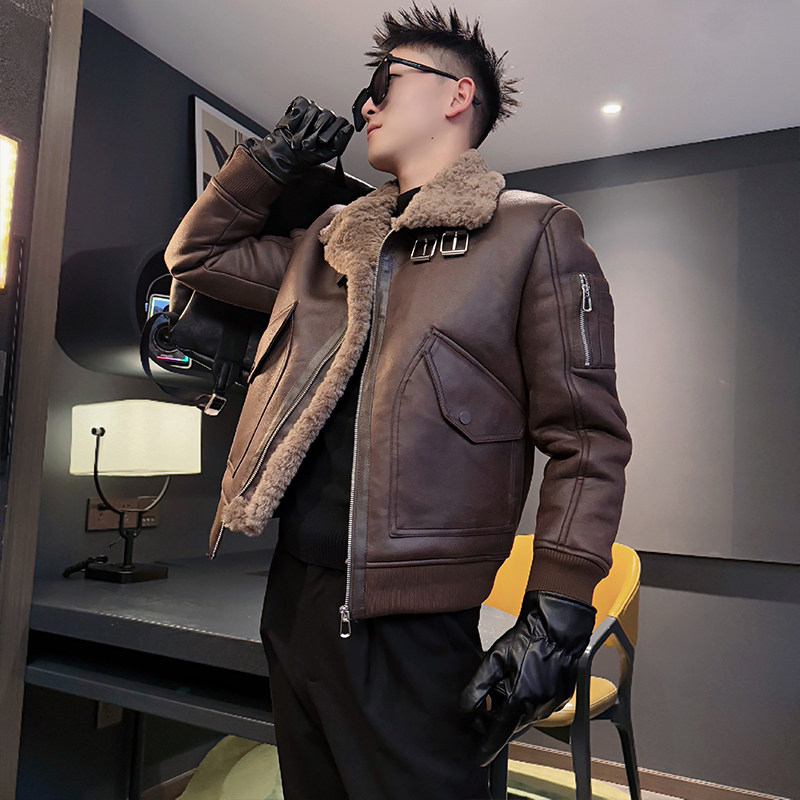 冬季社会小伙加绒重磅工装皮毛一体棉衣男小码矮个子XS码保暖外套
