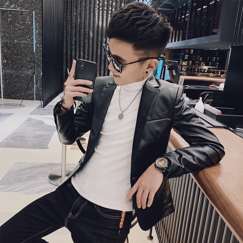 秋冬加绒休闲西装男青年韩版修身皮衣矮个子XS码小西服发型师外套
