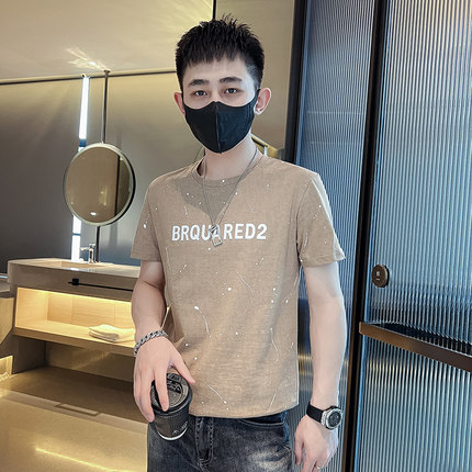 网红ins痞帅炸街潮牌短袖T恤男夏S码XS修身漆点泼墨半袖上衣服160