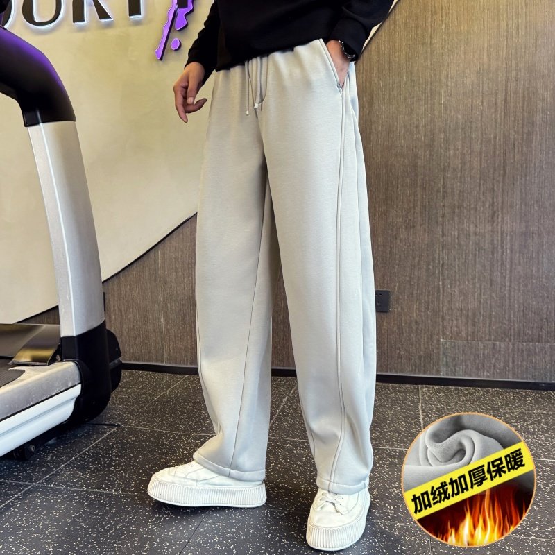 冬季痞帅加绒休闲裤潮流弯刀裤直筒裤子男款秋冬XS码宽松运动卫裤