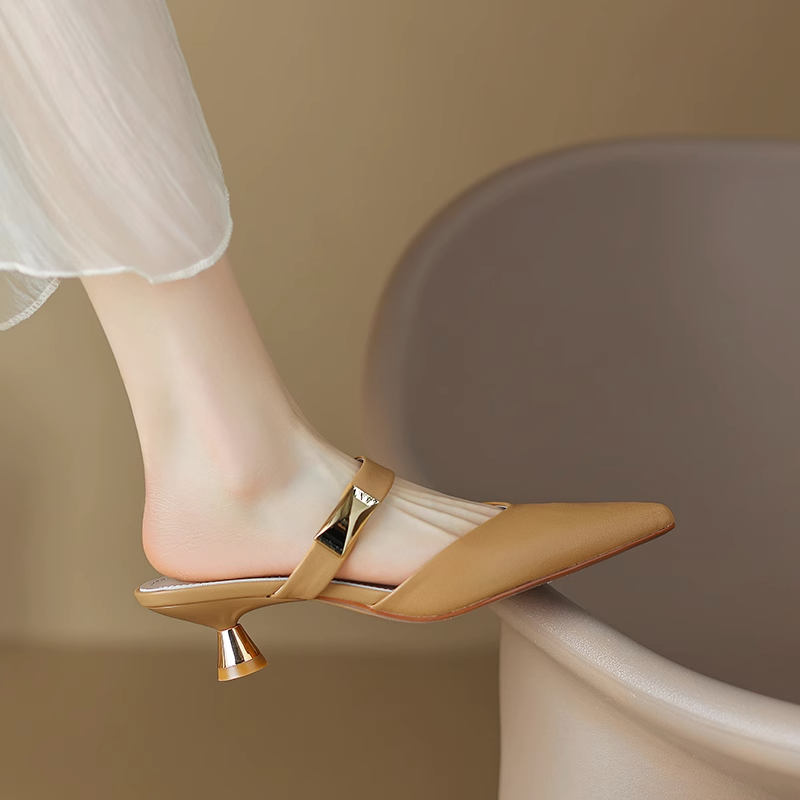 真皮包头半拖鞋女细跟尖头穆勒鞋