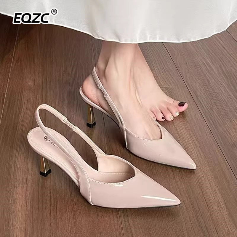 法式绝美凉鞋女夏季高跟包头小猫跟气质尖头半拖外穿细跟黑色凉鞋