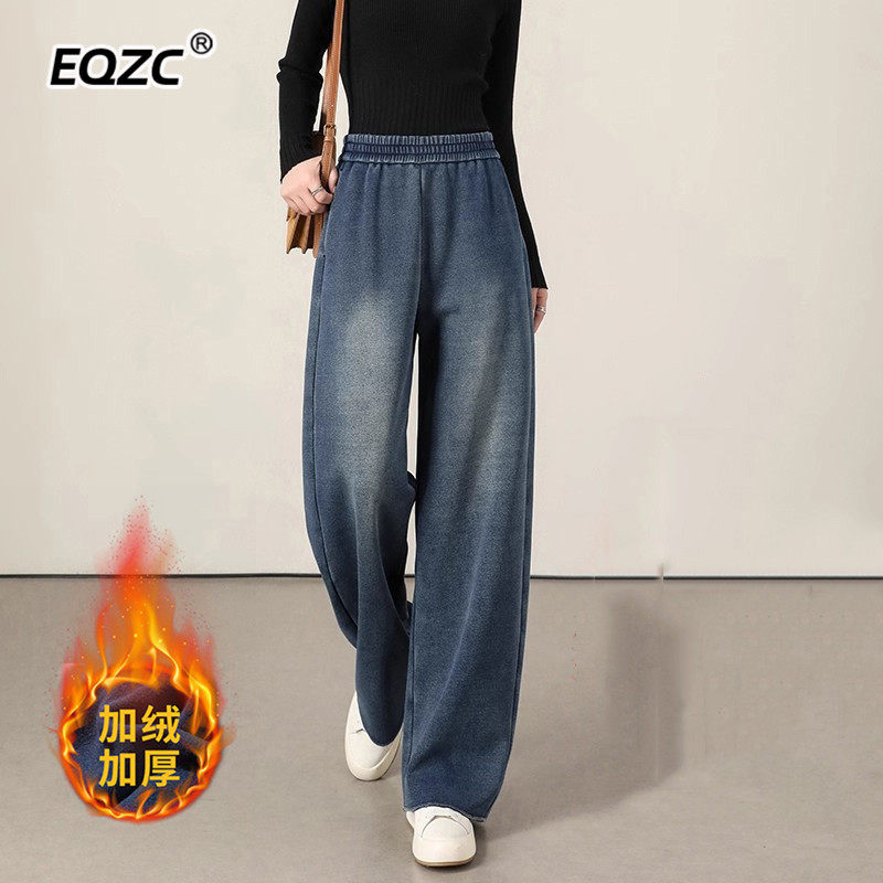 阔腿牛仔裤女2025新款加绒加厚高腰复古蓝宽松慵懒风松紧腰直筒裤