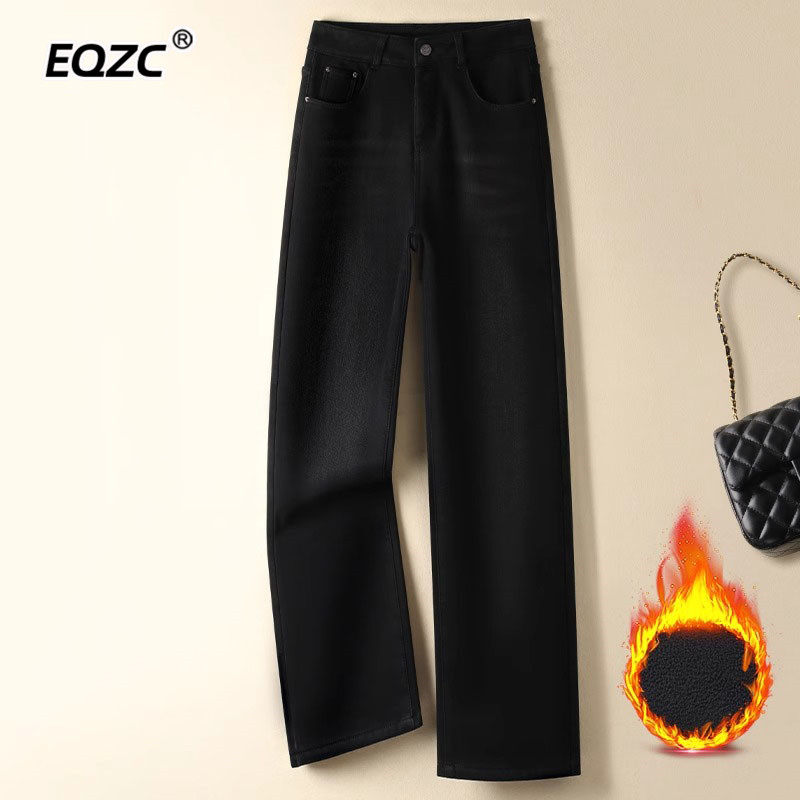 直筒牛仔阔腿裤女士2025秋冬季新款高腰显瘦窄版加绒加厚保暖长裤