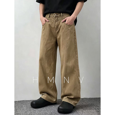 HMNV美式复古宽松cleanfit纯棉直筒宽松弧形男女潮牌休闲牛仔长裤