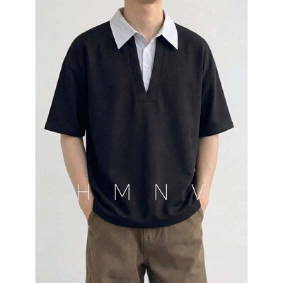 HMNV 美式假两件拼接Polo短袖男春夏休闲运动翻领T恤宽松