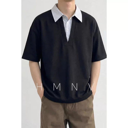 HMNV 美式假两件拼接Polo短袖男春夏休闲运动翻领T恤宽松