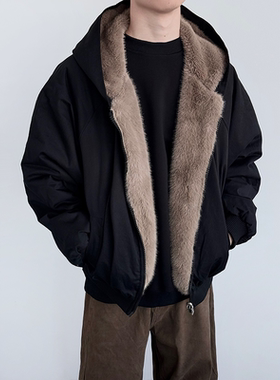 HMN Studio美式复古仿兔毛连帽棉衣男女冬季潮加绒保暖休闲棉服